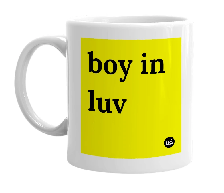 White mug with 'boy in luv' in bold black letters