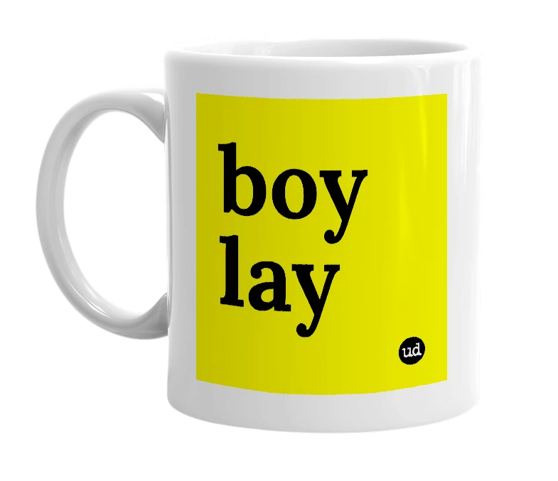 White mug with 'boy lay' in bold black letters