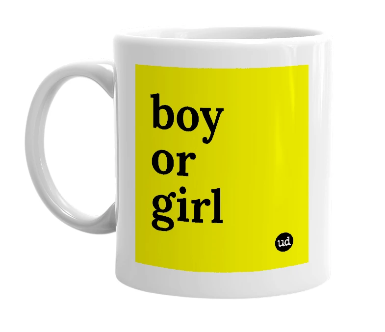 White mug with 'boy or girl' in bold black letters