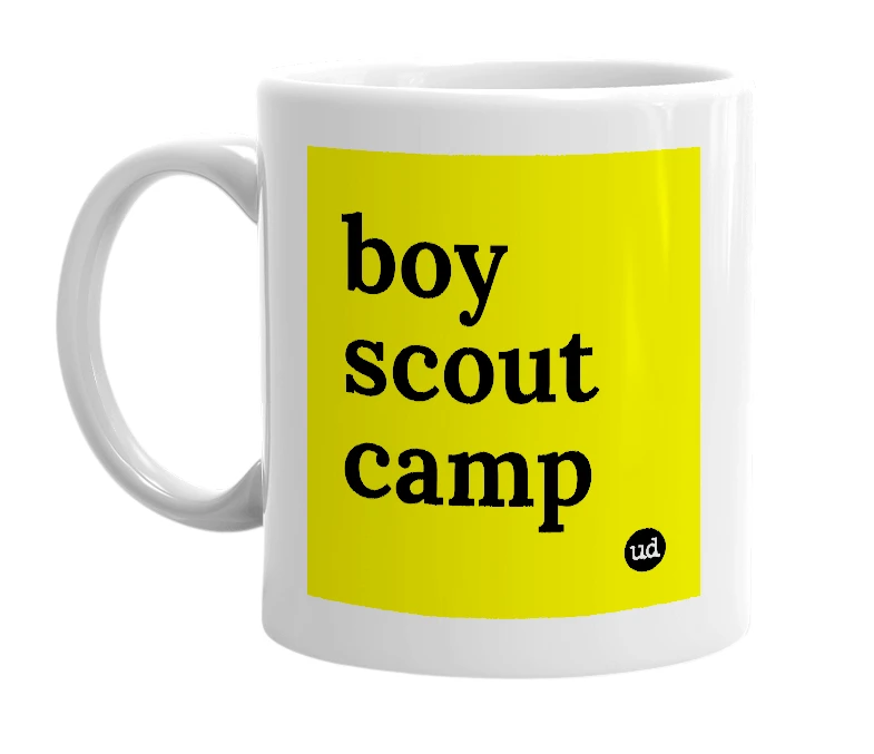White mug with 'boy scout camp' in bold black letters