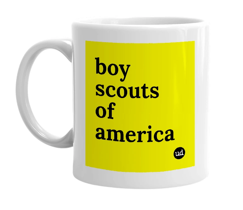 White mug with 'boy scouts of america' in bold black letters