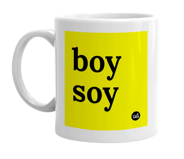 White mug with 'boy soy' in bold black letters