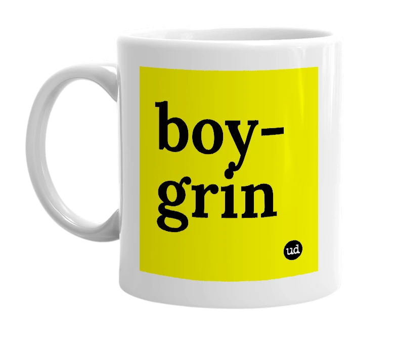 White mug with 'boy-grin' in bold black letters