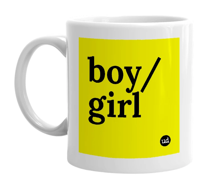 White mug with 'boy/girl' in bold black letters