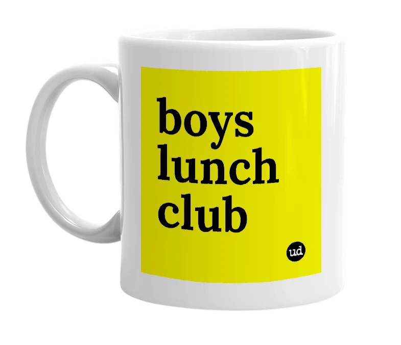 White mug with 'boys lunch club' in bold black letters