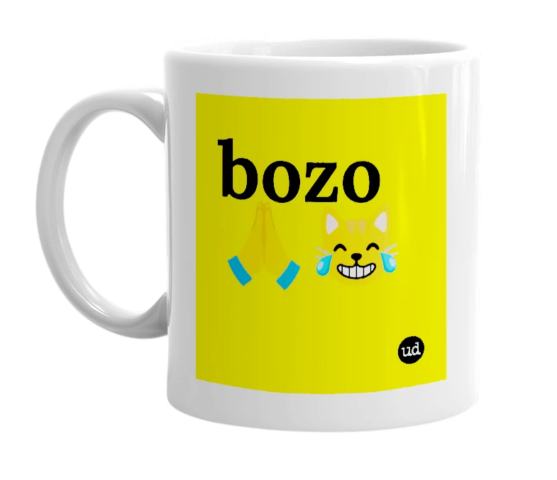 White mug with 'bozo🙏😹' in bold black letters