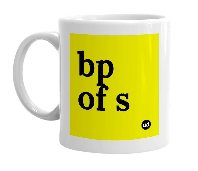 White mug with 'bp of s' in bold black letters
