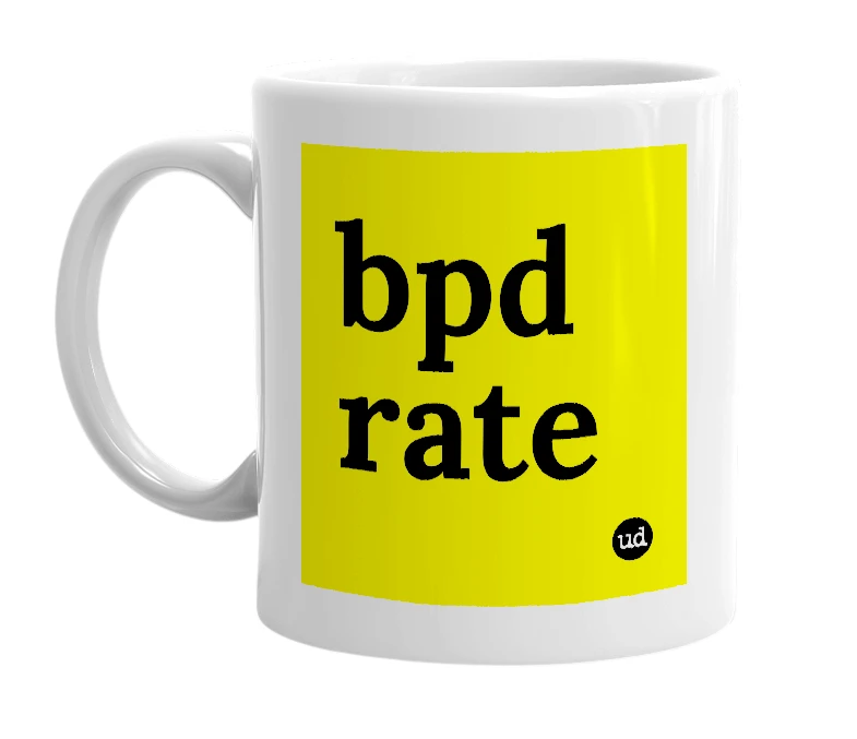 White mug with 'bpd rate' in bold black letters