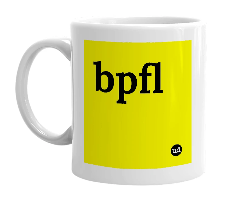 White mug with 'bpfl' in bold black letters