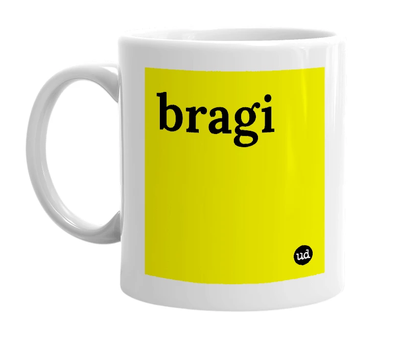 White mug with 'bragi' in bold black letters