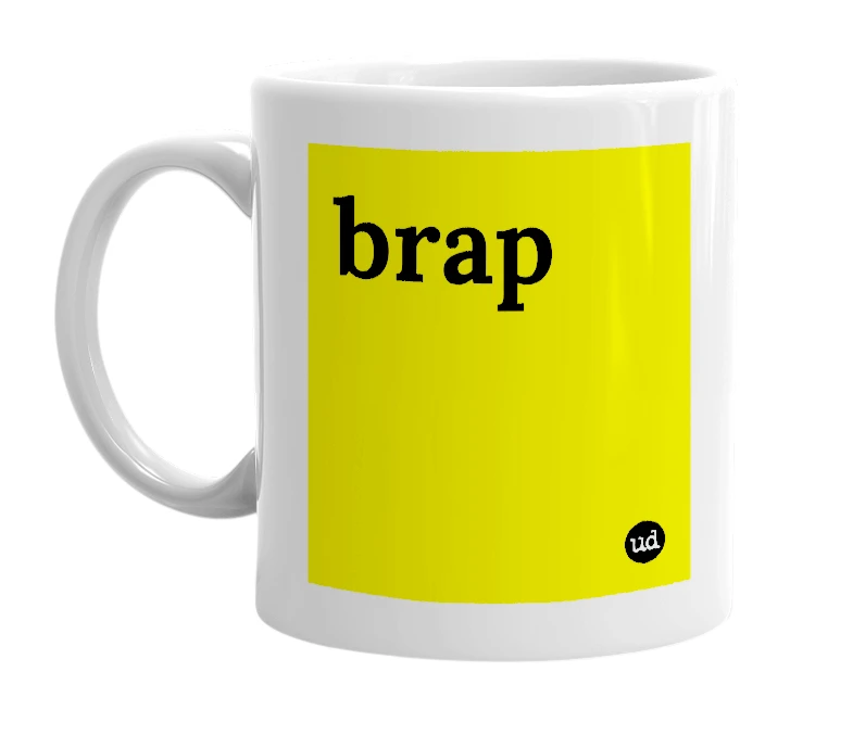 White mug with 'brap' in bold black letters