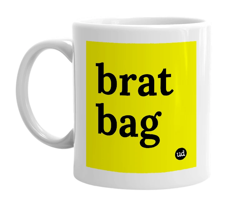 White mug with 'brat bag' in bold black letters