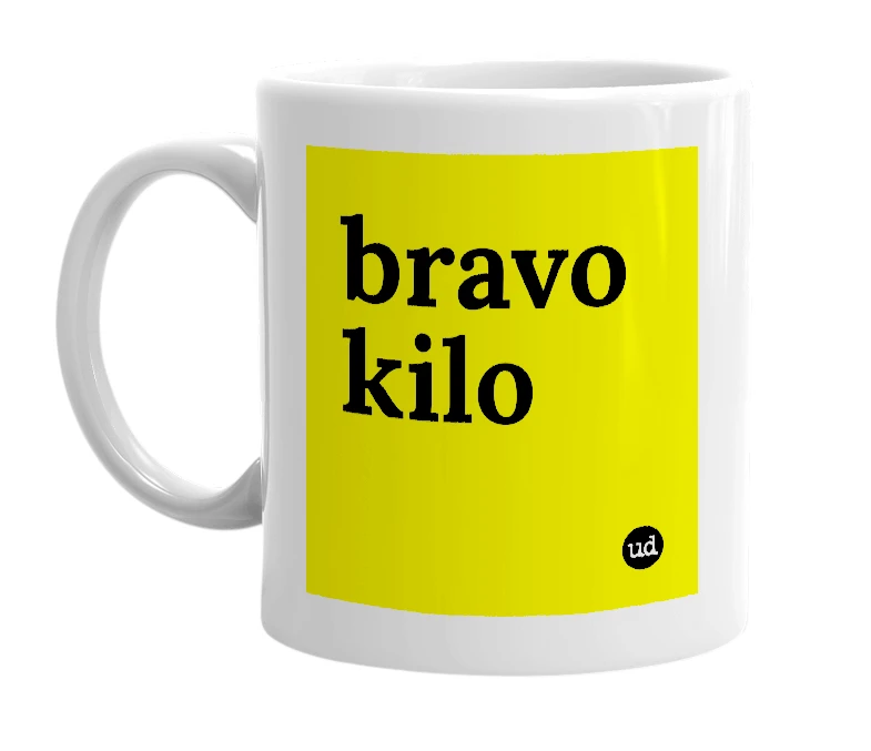 White mug with 'bravo kilo' in bold black letters