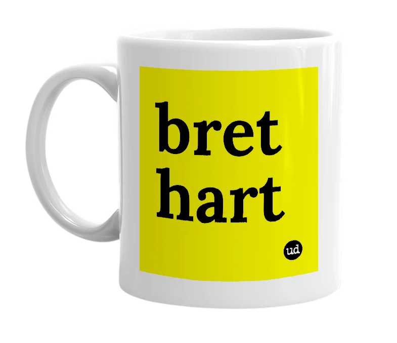 White mug with 'bret hart' in bold black letters
