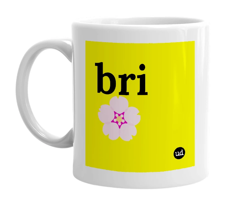 White mug with 'bri 🌸' in bold black letters