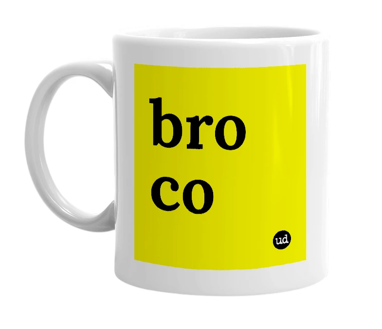 White mug with 'bro co' in bold black letters