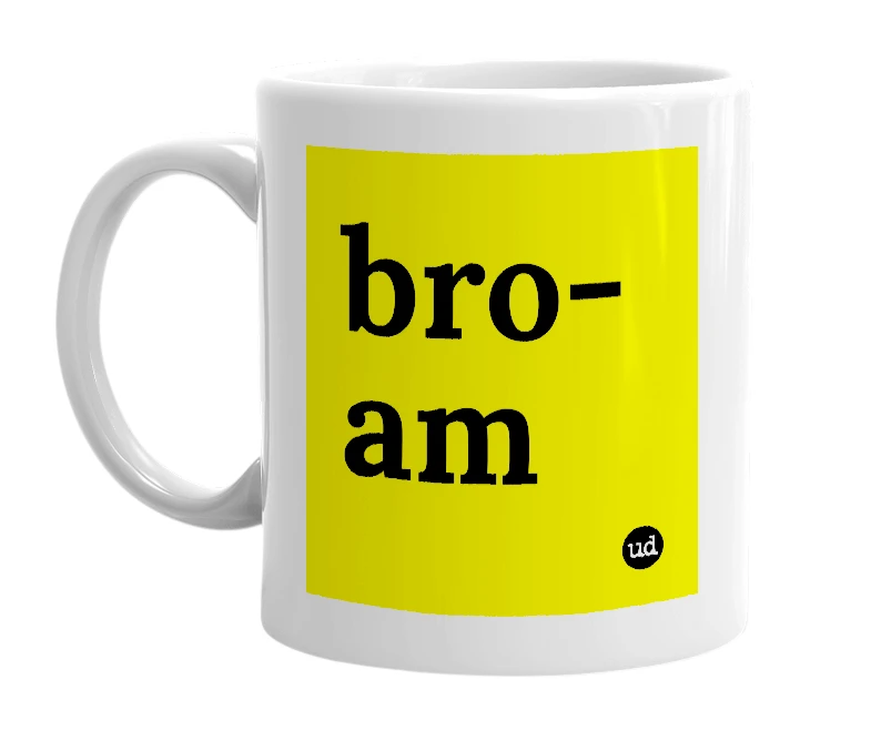 White mug with 'bro-am' in bold black letters