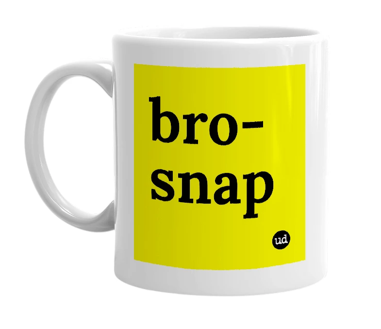 White mug with 'bro-snap' in bold black letters