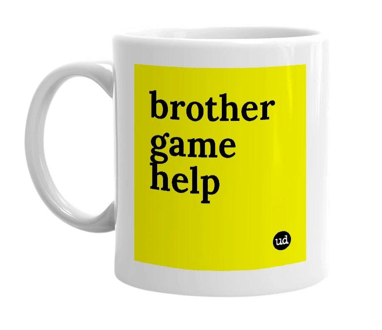 White mug with 'brother game help' in bold black letters