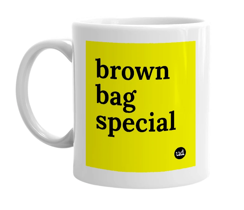 White mug with 'brown bag special' in bold black letters