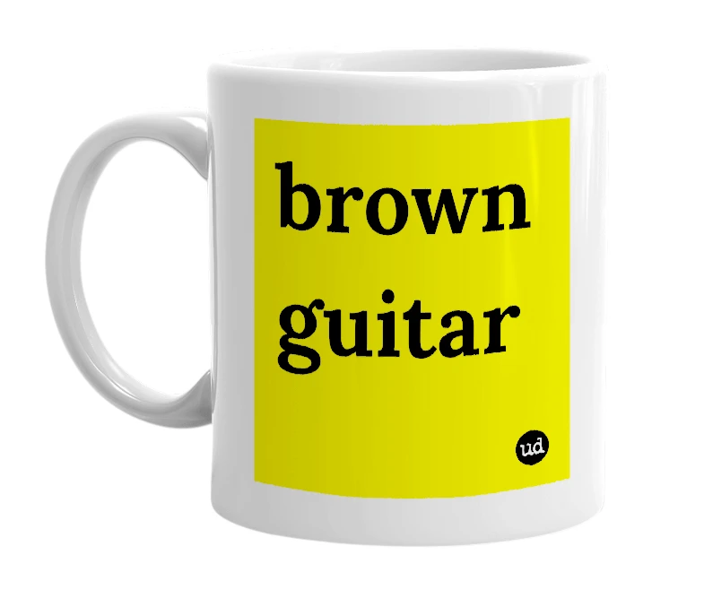 White mug with 'brown guitar' in bold black letters