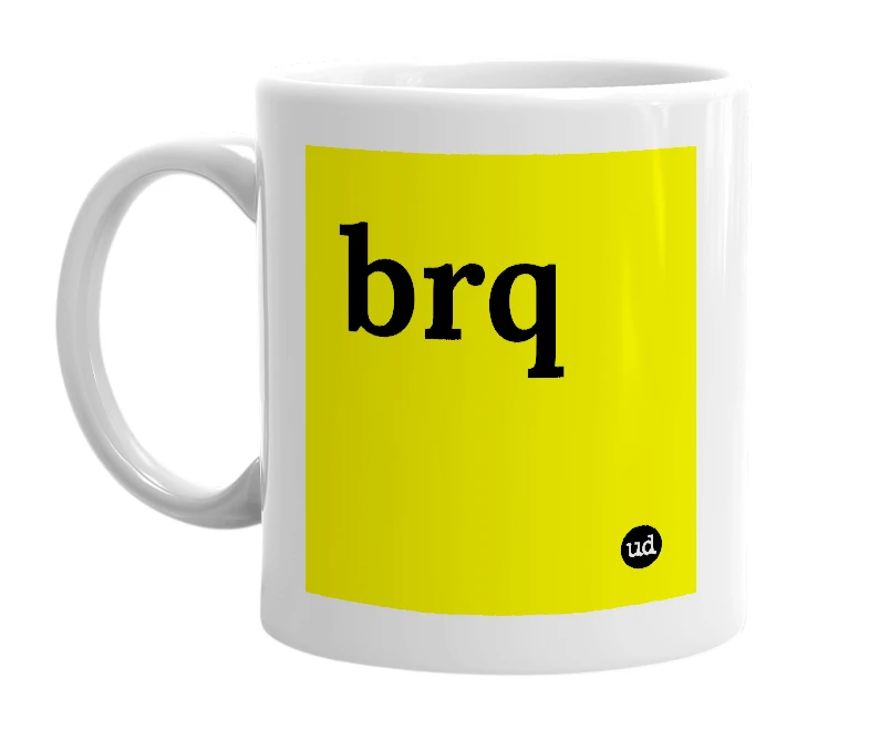 White mug with 'brq' in bold black letters