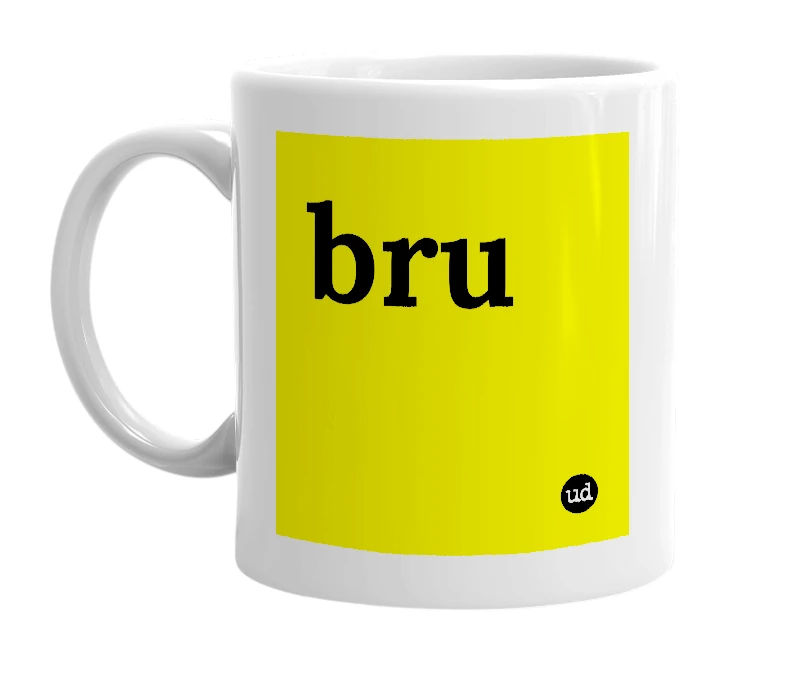 White mug with 'bru' in bold black letters