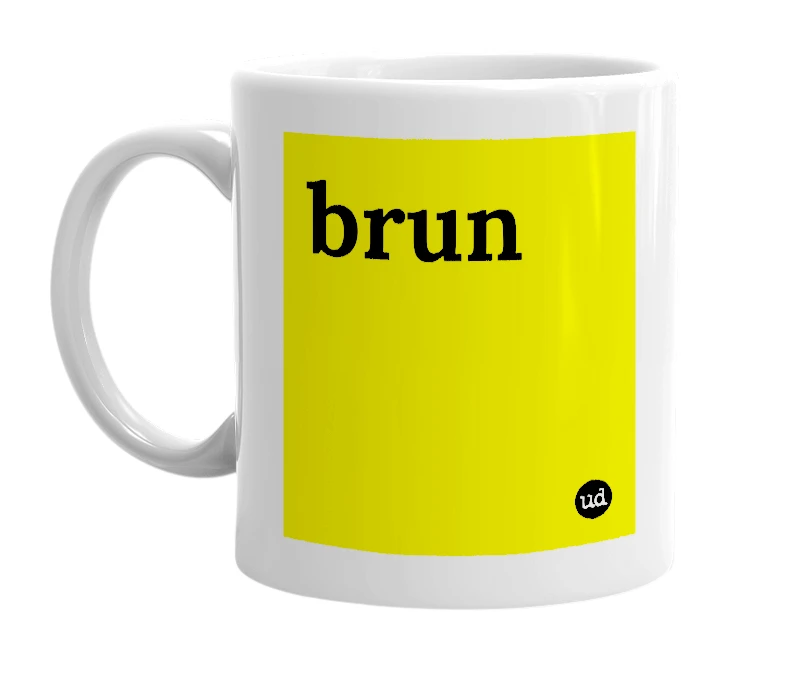 White mug with 'brun' in bold black letters