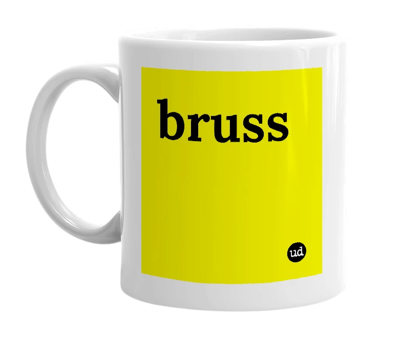 White mug with 'bruss' in bold black letters