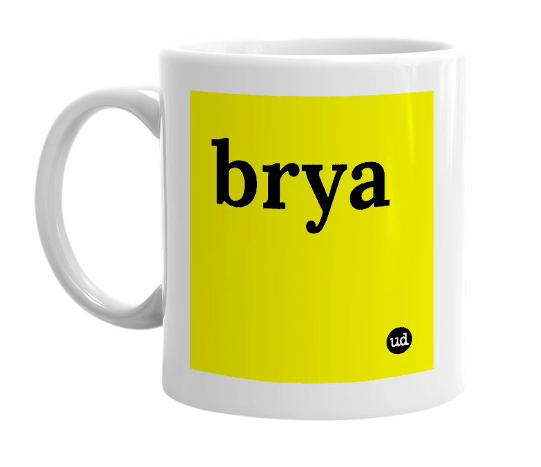 White mug with 'brya' in bold black letters