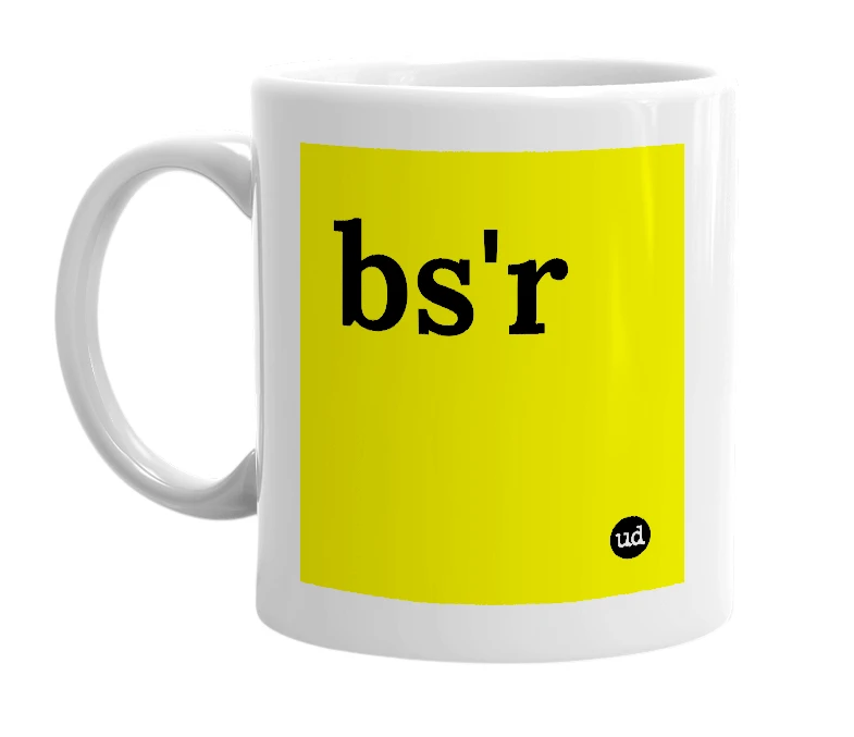White mug with 'bs'r' in bold black letters