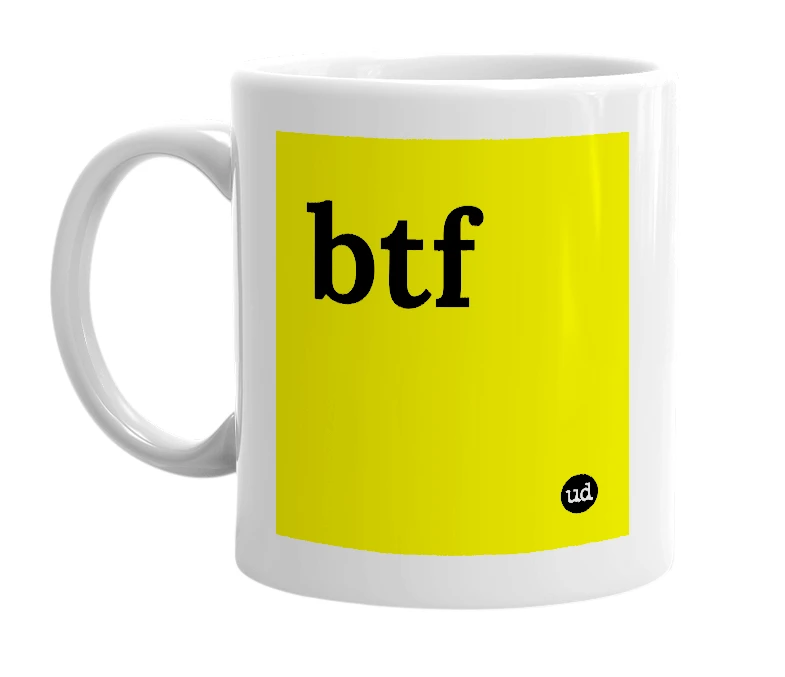 White mug with 'btf' in bold black letters