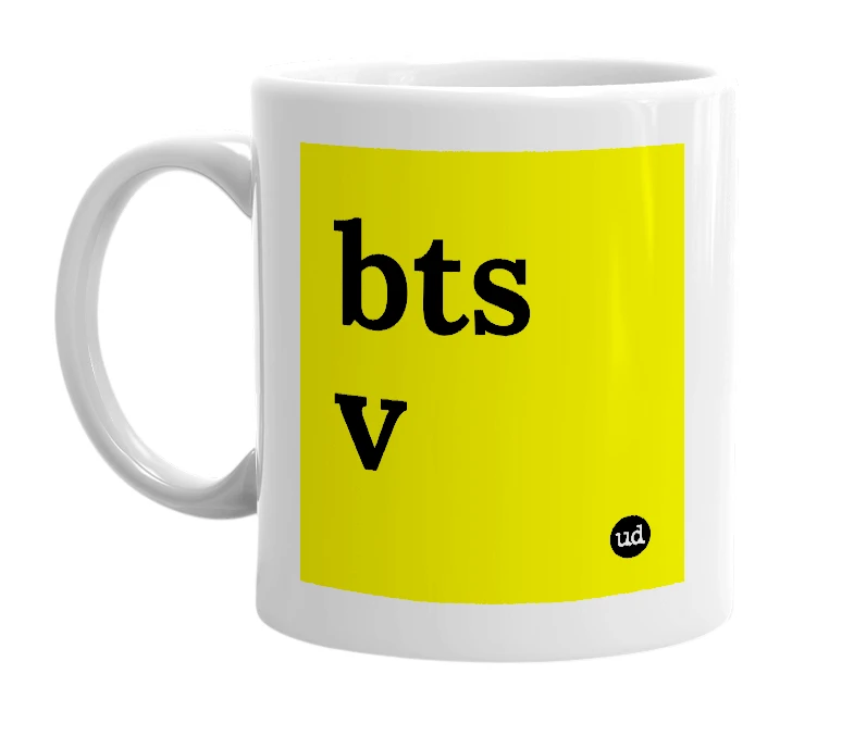 White mug with 'bts v' in bold black letters