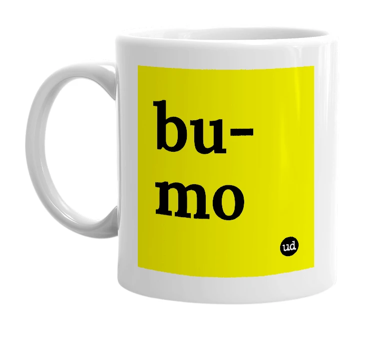 White mug with 'bu-mo' in bold black letters