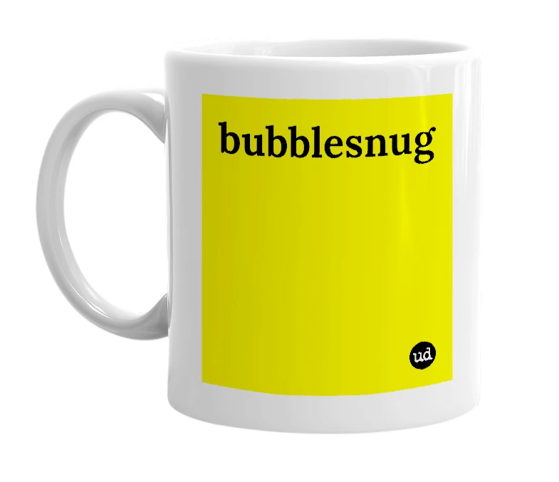 White mug with 'bubblesnug' in bold black letters