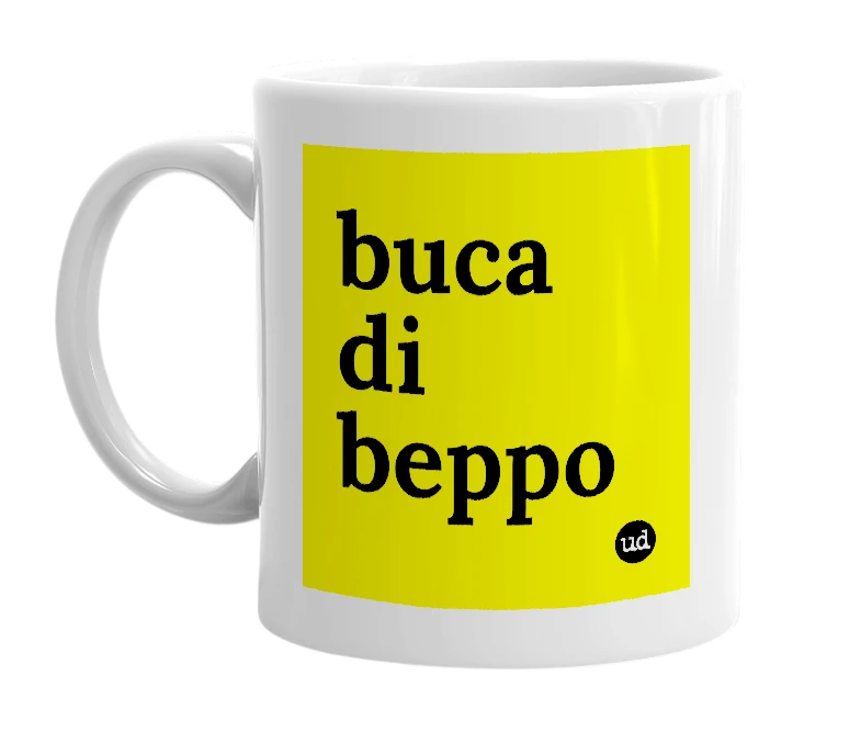 White mug with 'buca di beppo' in bold black letters