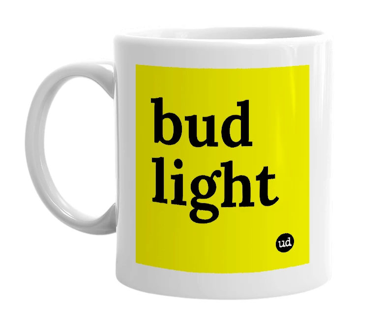 White mug with 'bud light' in bold black letters