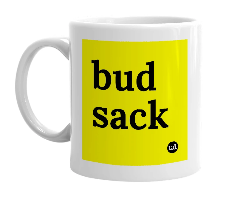 White mug with 'bud sack' in bold black letters