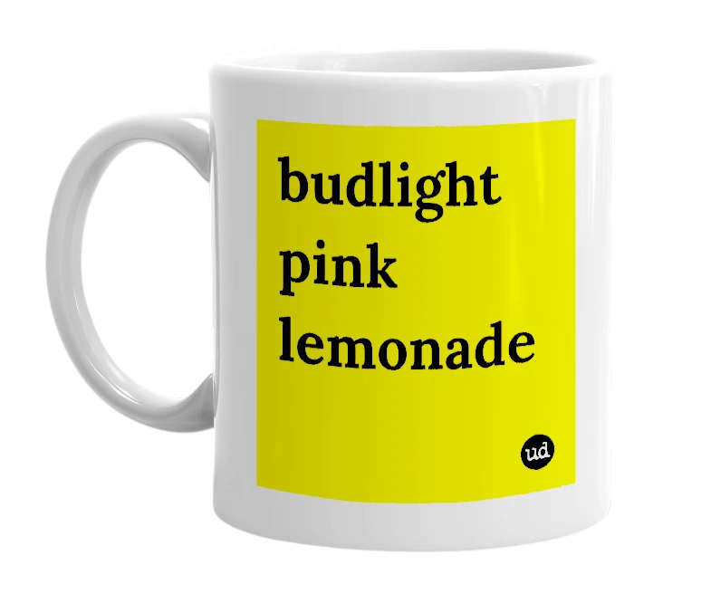 White mug with 'budlight pink lemonade' in bold black letters