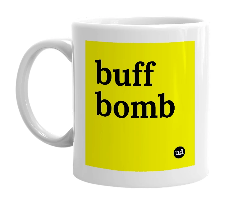 White mug with 'buff bomb' in bold black letters