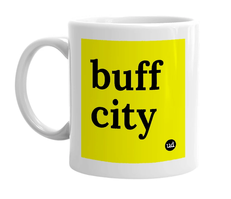 White mug with 'buff city' in bold black letters