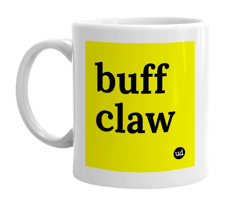 White mug with 'buff claw' in bold black letters