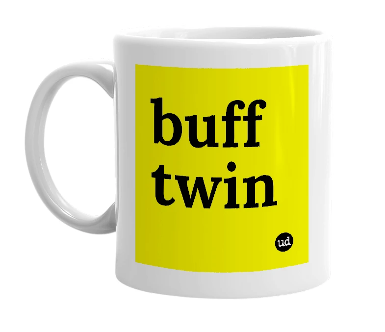 White mug with 'buff twin' in bold black letters