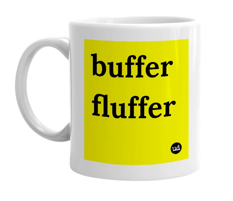 White mug with 'buffer fluffer' in bold black letters