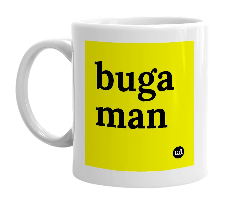 White mug with 'buga man' in bold black letters