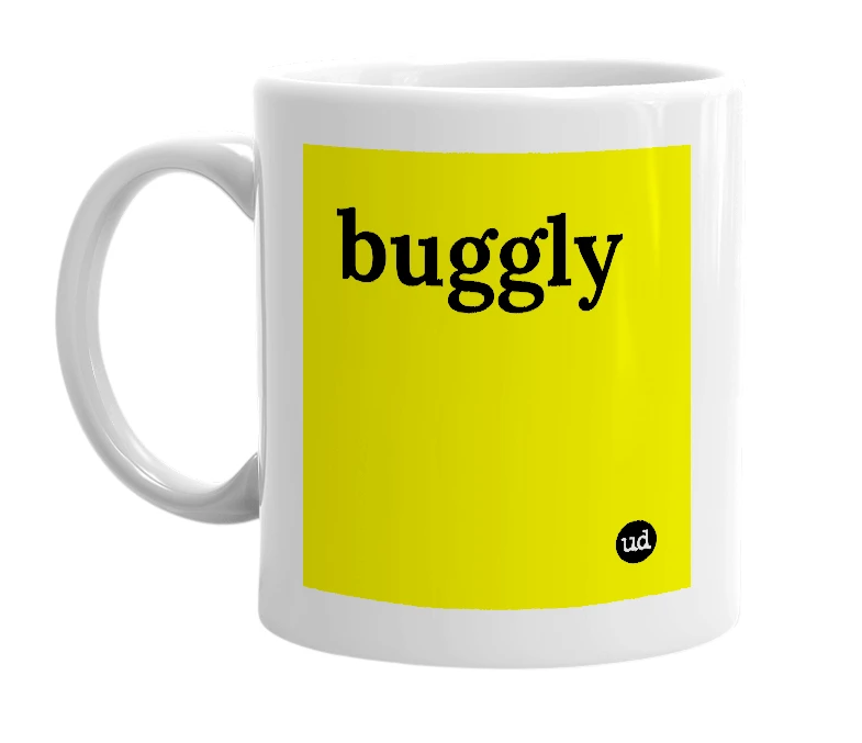 White mug with 'buggly' in bold black letters