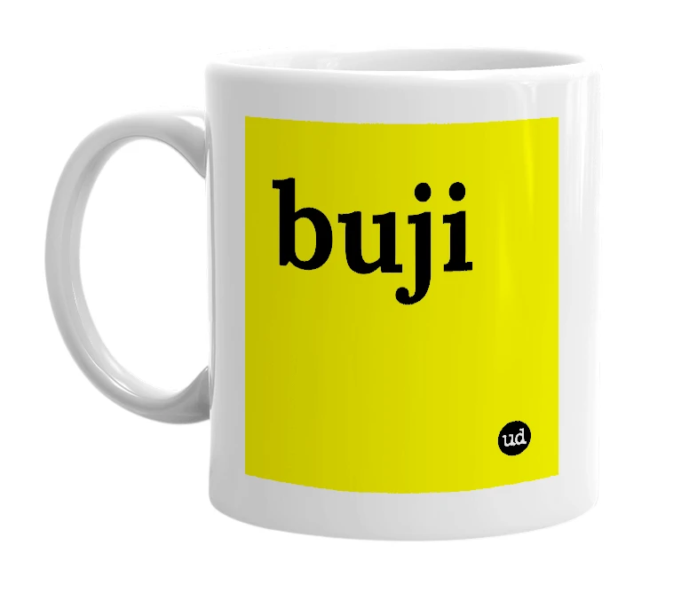White mug with 'buji' in bold black letters
