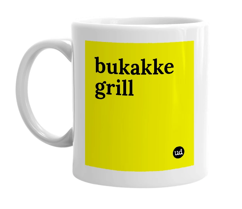 White mug with 'bukakke grill' in bold black letters