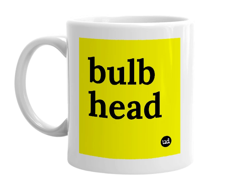 White mug with 'bulb head' in bold black letters