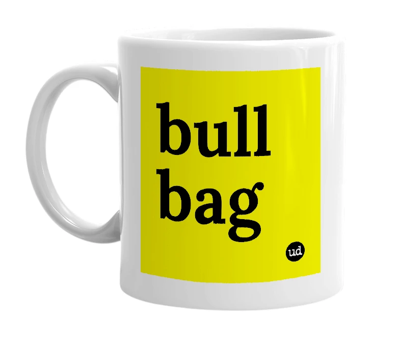 White mug with 'bull bag' in bold black letters